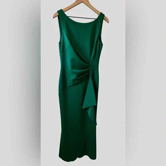 Eliza J Green Sleeveless Side Tuck Sleek Ruffle Gown Dress Size 8 full length - Picture 5 of 8